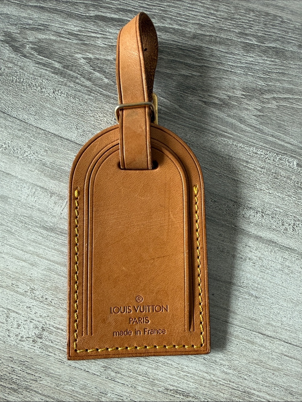 Louis Vuitton Tan Leather Luggage Tag with Yellow Stitching